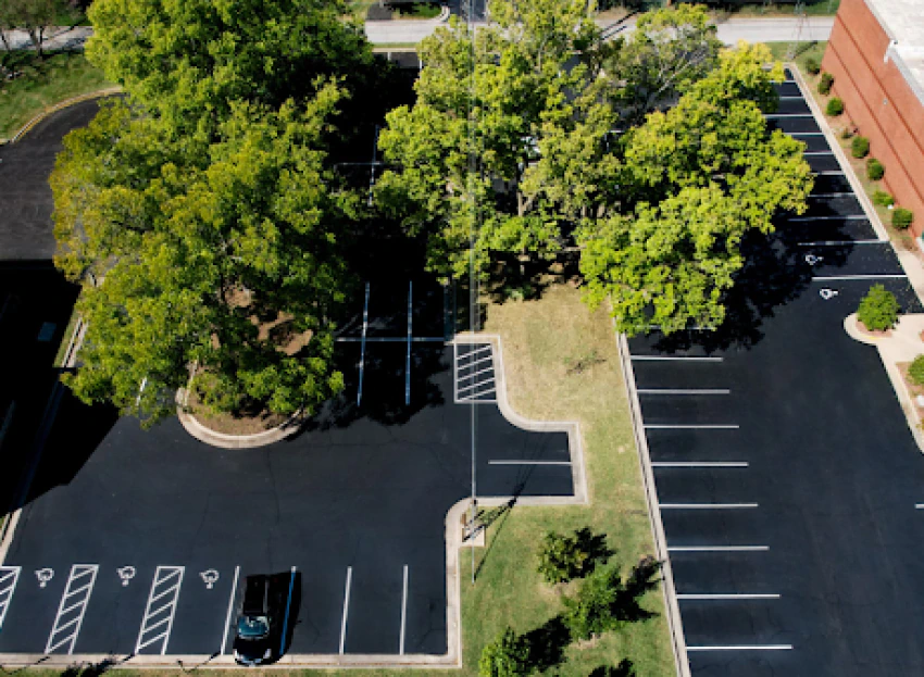 aerial view of a newly asphalted commercial property